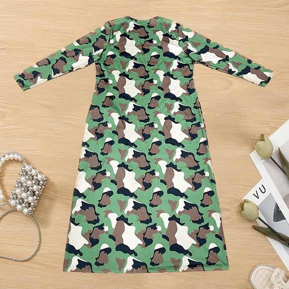 Plus Size Casual Camo Long Sleeve Split Hem Maxi Cardigan XL-5XL - Picture 4 of 7